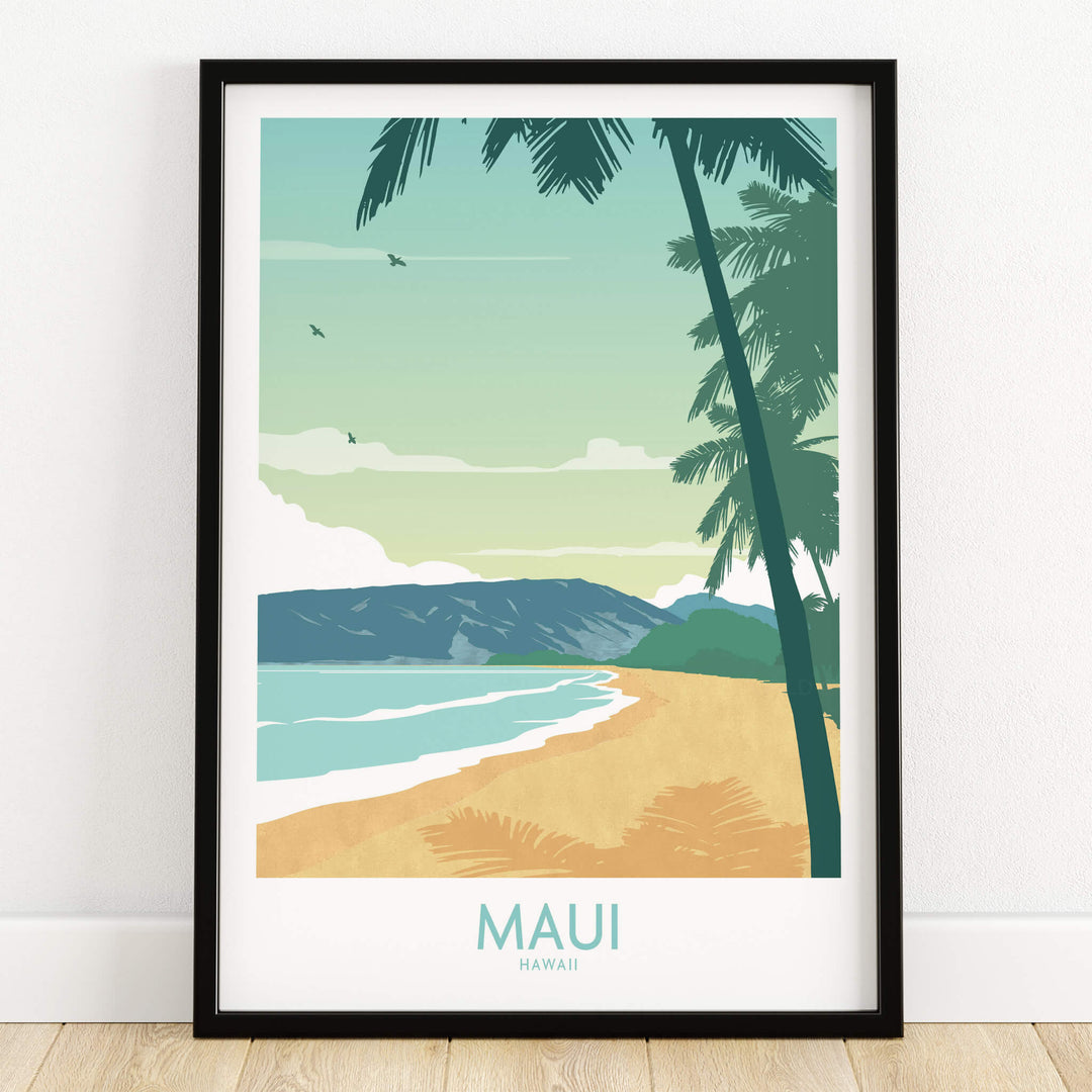 Maui Print Hawaii Poster showcasing a tranquil beach with palm trees and serene ocean, capturing the essence of Maui.