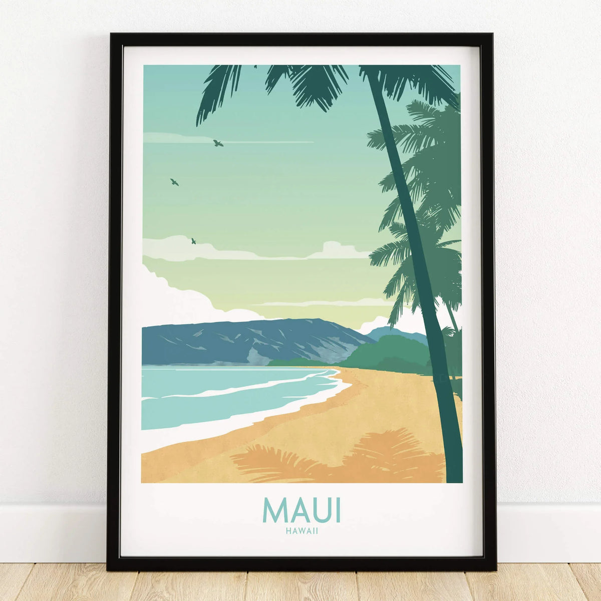 Maui Print Hawaii Poster showcasing a tranquil beach with palm trees and serene ocean, capturing the essence of Maui.