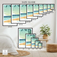 Maui Print Hawaii Poster size guide showcasing various frame sizes with tropical beach design.