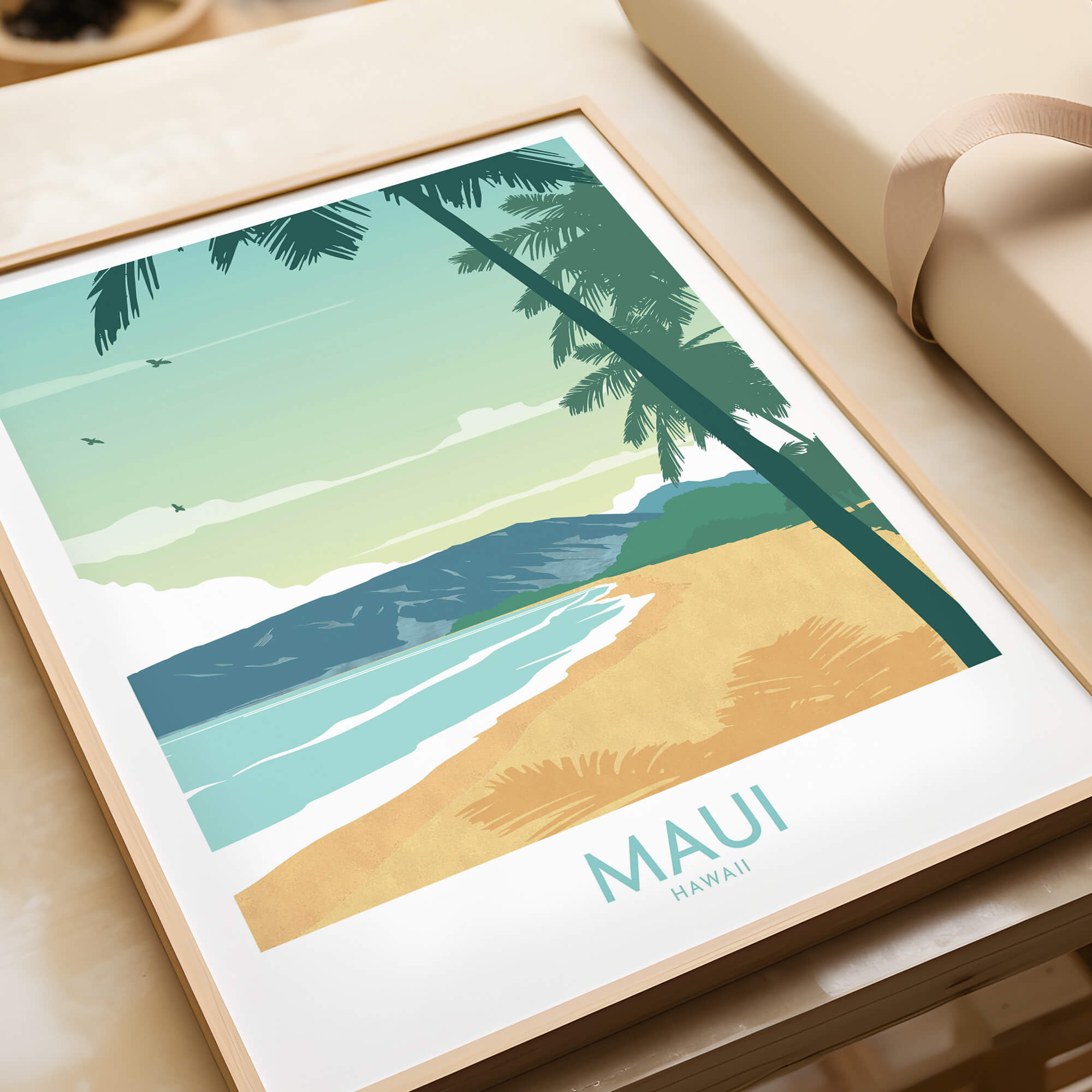 Maui Print Hawaii Poster featuring a serene beach with palm trees and soft ocean waves, capturing the essence of tropical Maui.