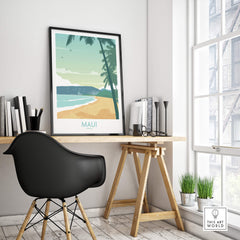 Maui Print Hawaii Poster showcasing a serene beach and palm trees in a stylish home office setting.