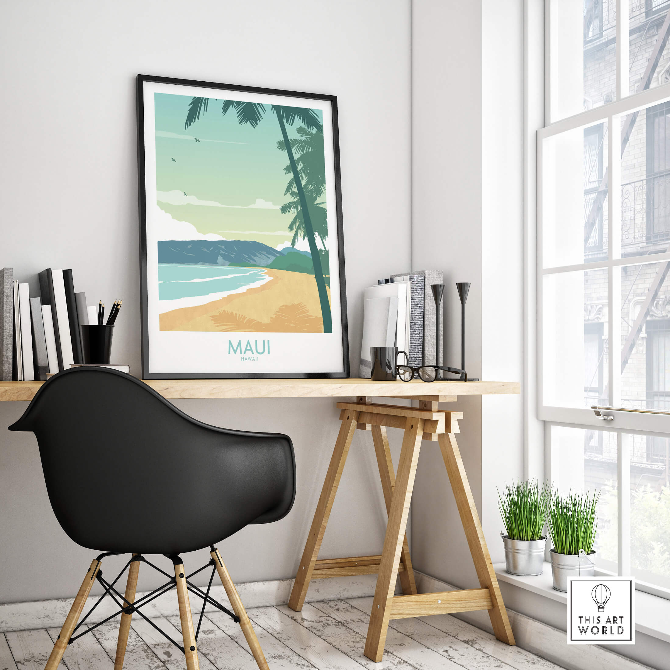 Maui Print Hawaii Poster showcasing a serene beach and palm trees in a stylish home office setting.