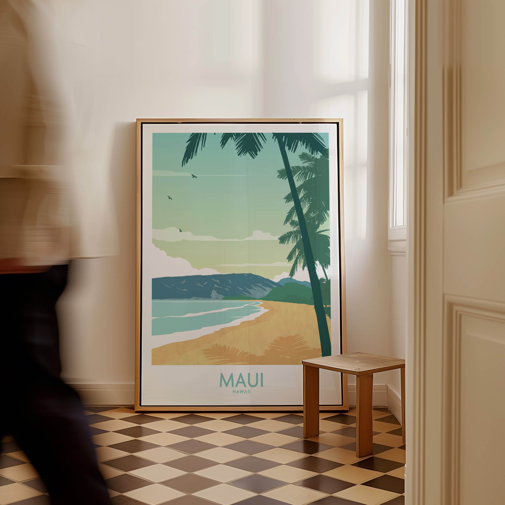 Maui Print Hawaii Poster displayed in a serene home setting with palm trees and a tranquil beach scene.