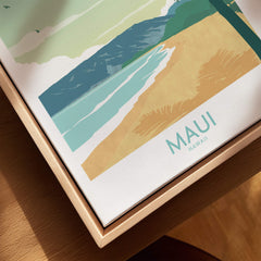 Maui Print Hawaii Poster showcasing a serene beach and palm trees in a minimalist design with vibrant colors.