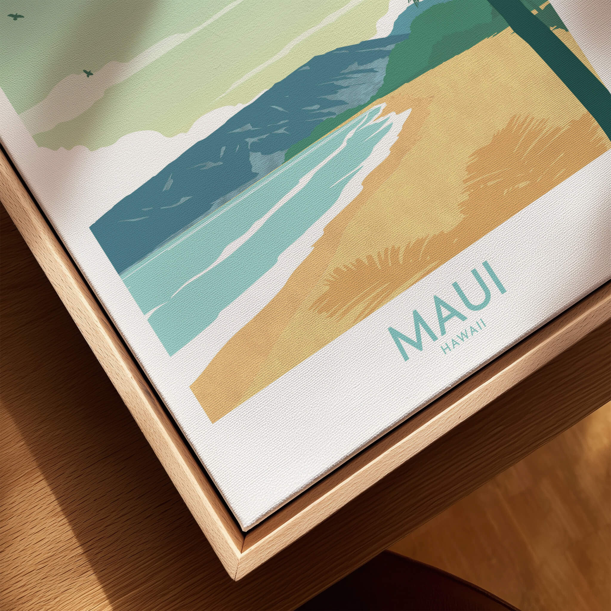 Maui Print Hawaii Poster showcasing a serene beach and palm trees in a minimalist design with vibrant colors.