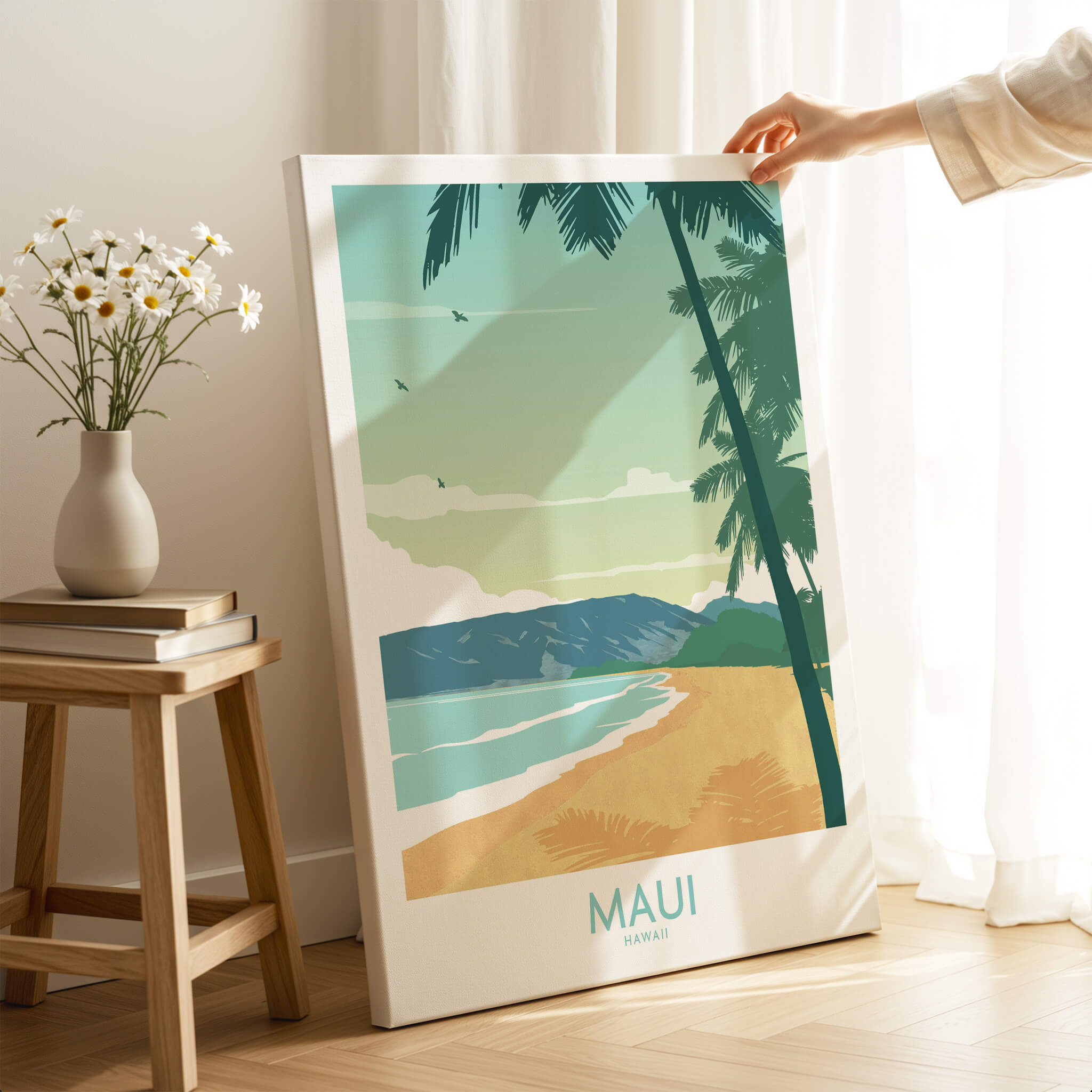 Maui Print Hawaii Poster featuring minimalist palm trees and serene beach, bringing tropical vibes into your home.