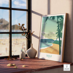 Maui Print Hawaii Poster displayed on a wooden table with a beach view, featuring palm trees and serene colors.