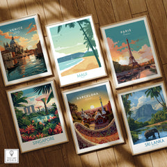 Maui Print Hawaii Poster showcasing palm trees and a serene beach in a collection of travel posters.