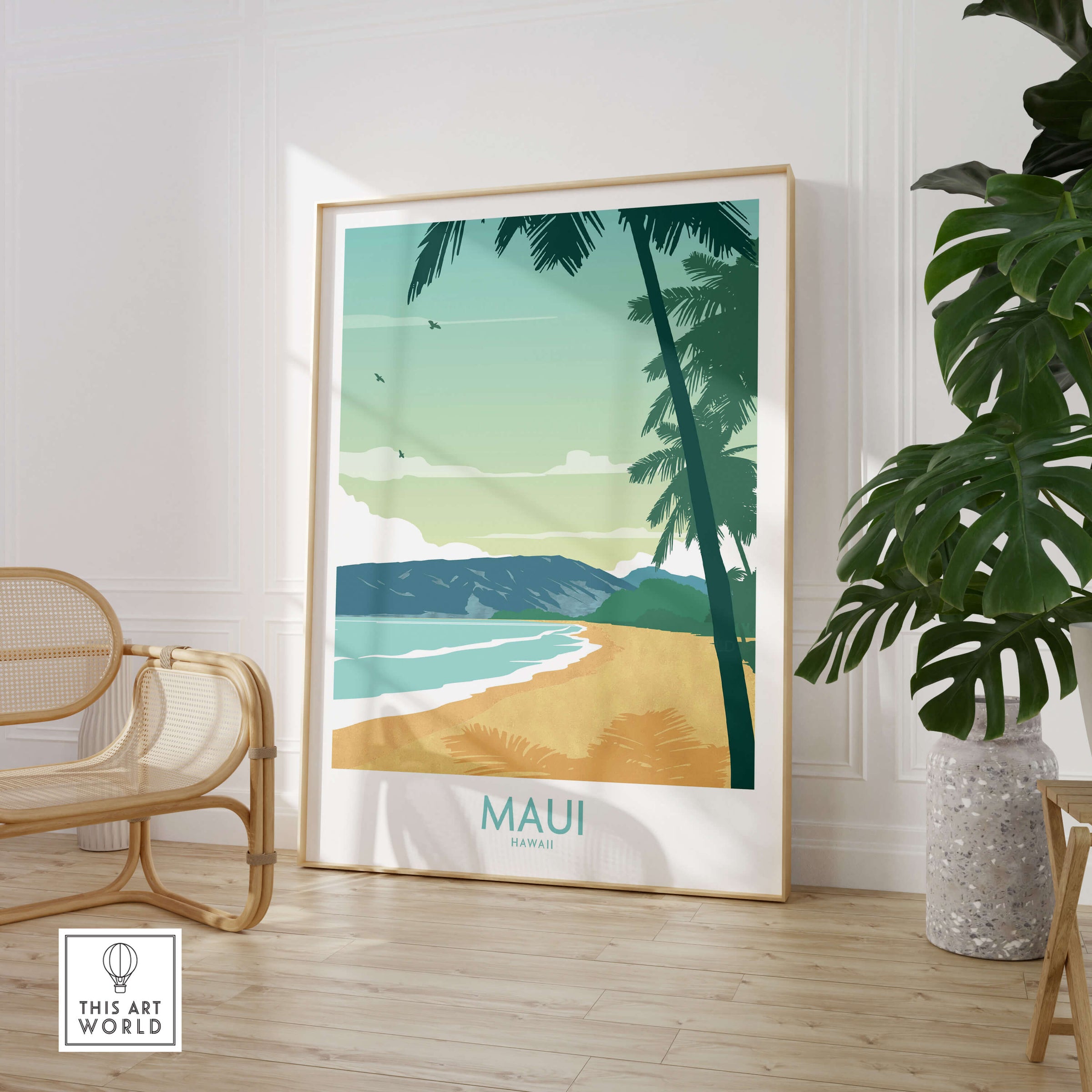 Maui Print Hawaii Poster featuring a serene beach, palm trees, and tropical colors, capturing the essence of Maui.