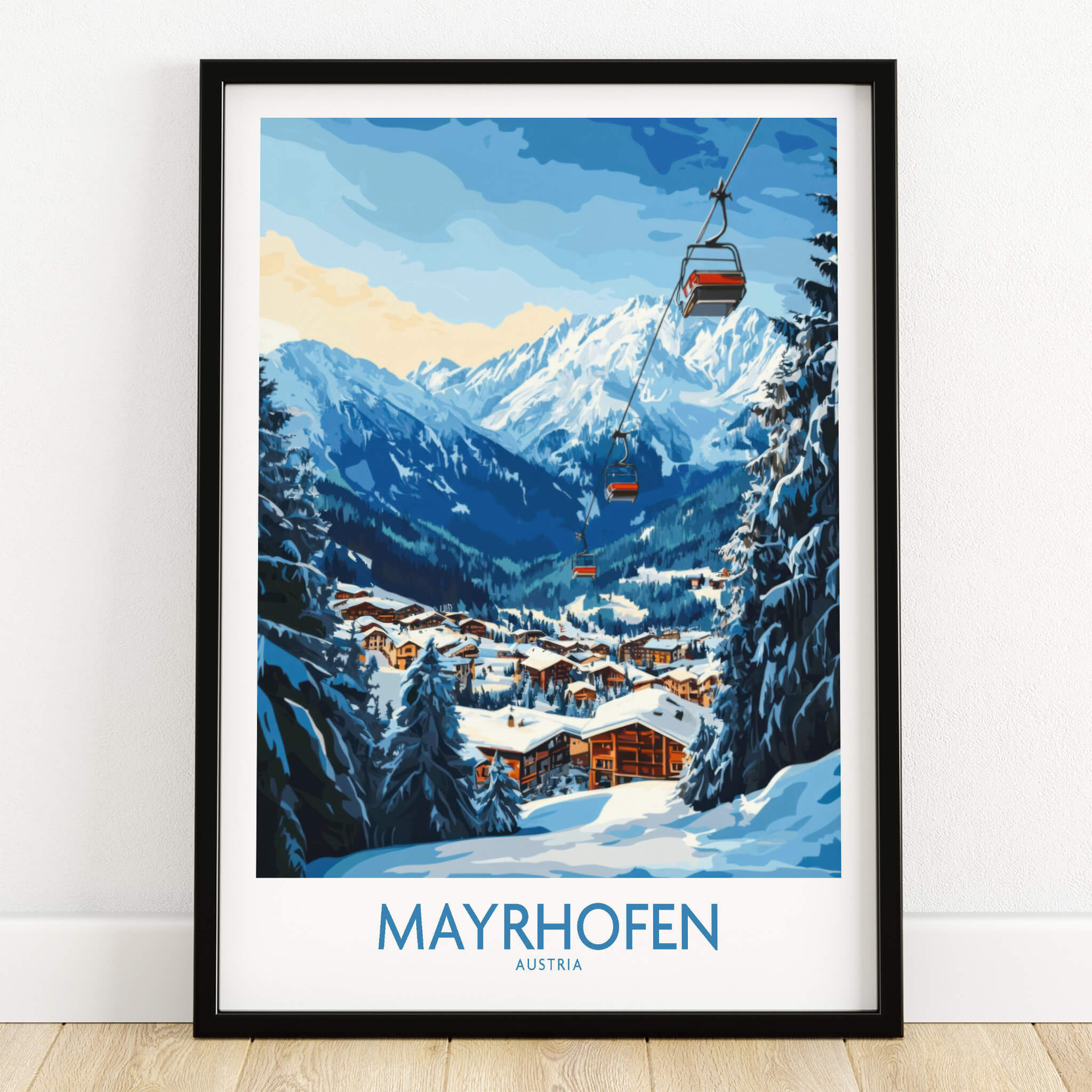 Mayrhofen Ski Poster showcasing scenic ski slopes and mountain views of Mayrhofen, Austria.