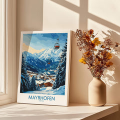 Mayrhofen Ski Poster showcasing beautiful mountain scenery and ski lifts, perfect for skiing enthusiasts.
