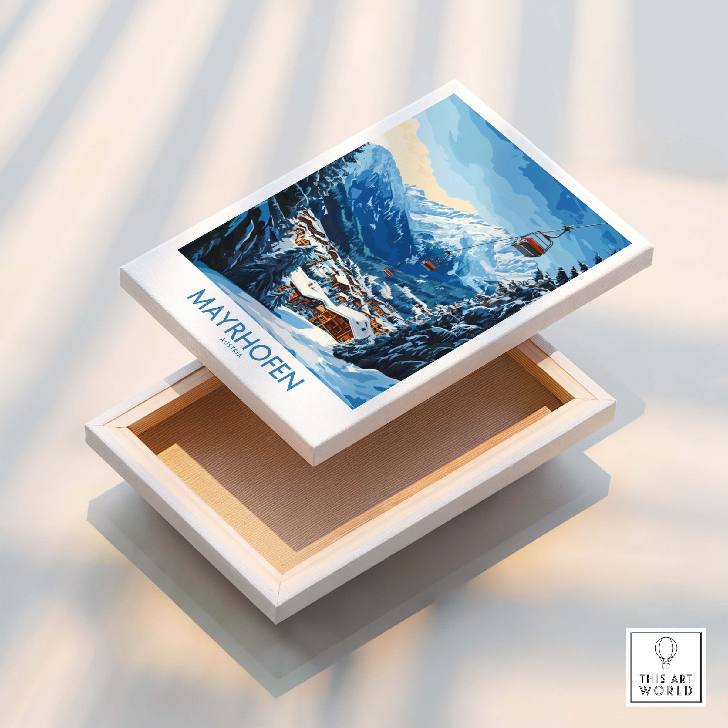 Mayrhofen Ski Poster featuring stunning mountain scenery and cable cars, perfect for ski enthusiasts.