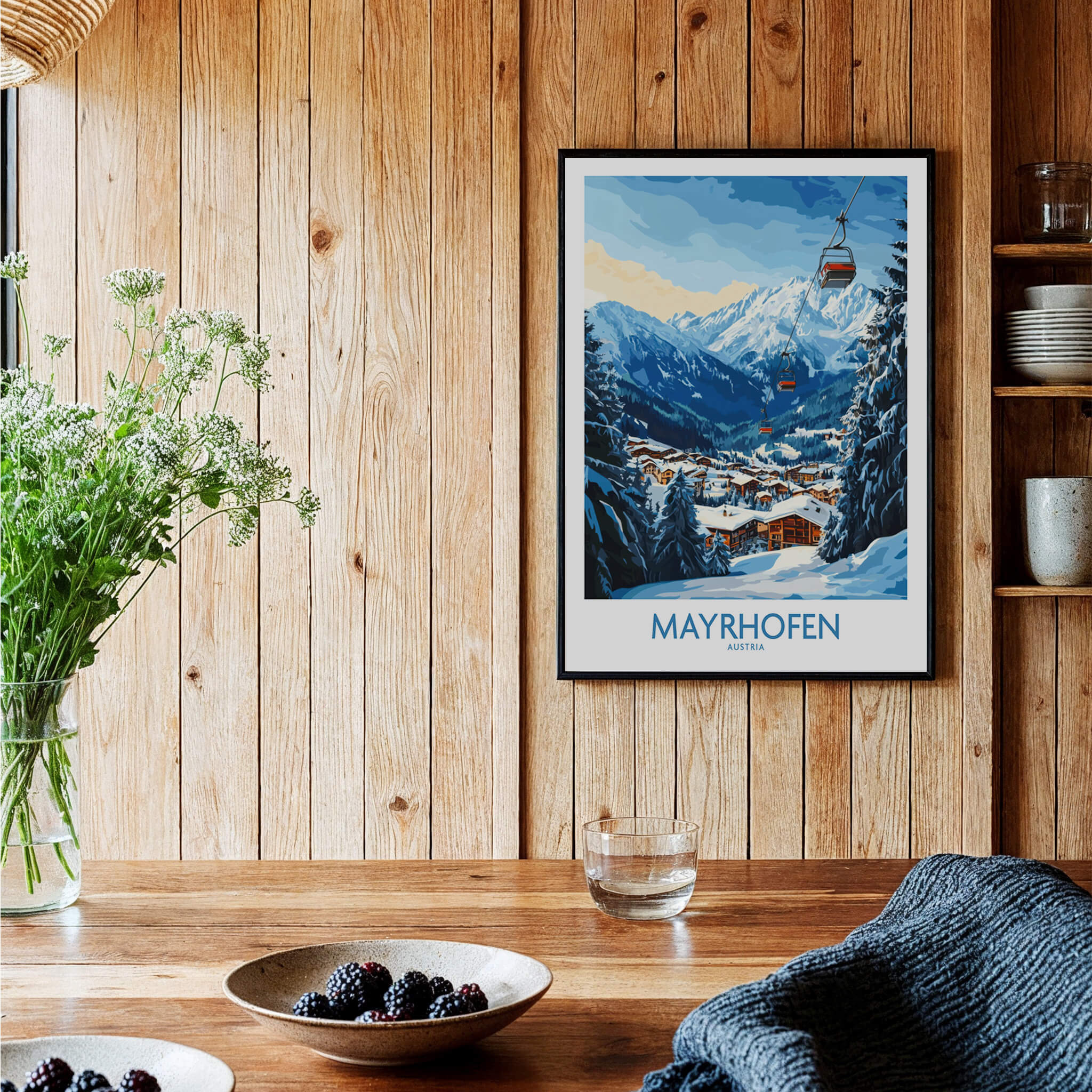 Mayrhofen Ski Poster displayed in a cozy home setting, showcasing beautiful mountain scenery and ski lifts.