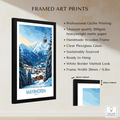 Mayrhofen Ski Poster framed art print showcasing the beautiful mountainous scenery and ski lifts of Mayrhofen.