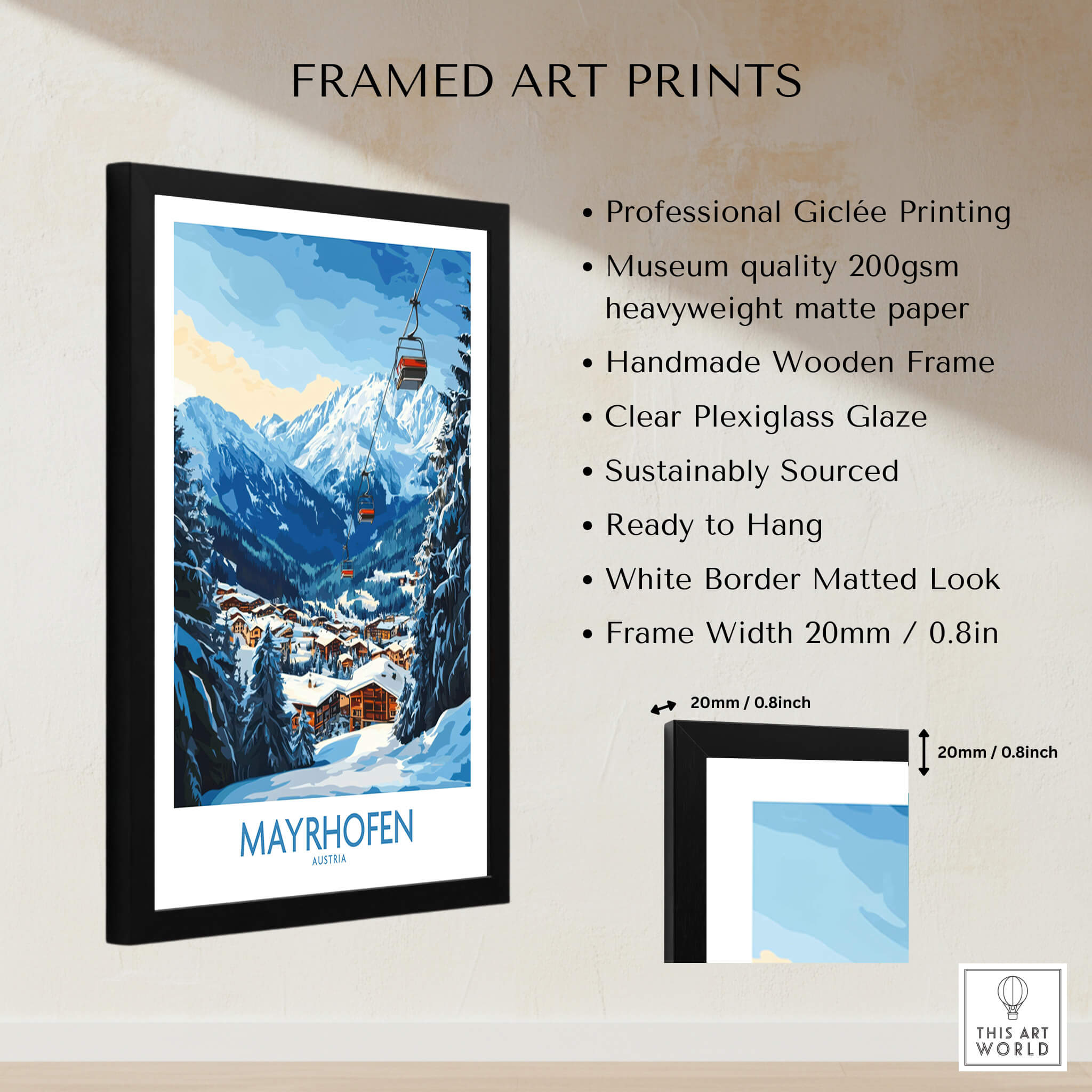 Mayrhofen Ski Poster framed art print showcasing the beautiful mountainous scenery and ski lifts of Mayrhofen.