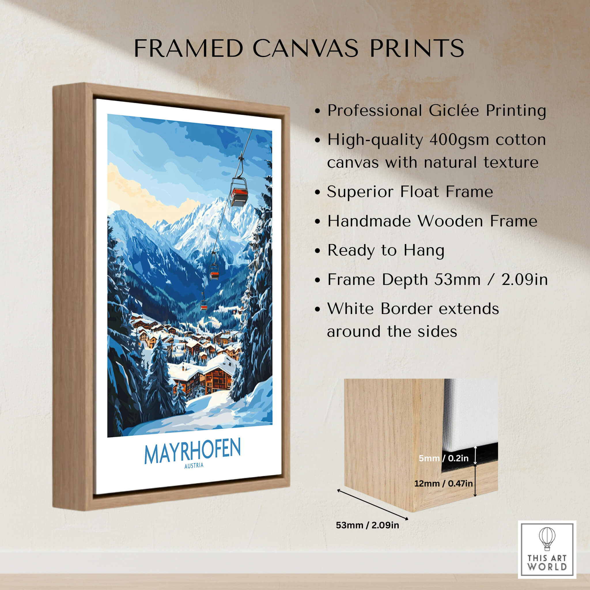Mayrhofen Ski Poster framed canvas print showcasing picturesque mountain scenery and ski lift.