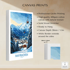 Mayrhofen Ski Poster showcasing a beautiful ski scene with mountains and chalets, perfect for home or office decor.