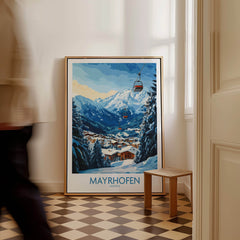 Mayrhofen Ski Poster showcasing picturesque snowy mountains and ski lift, perfect for ski enthusiasts and home decor.