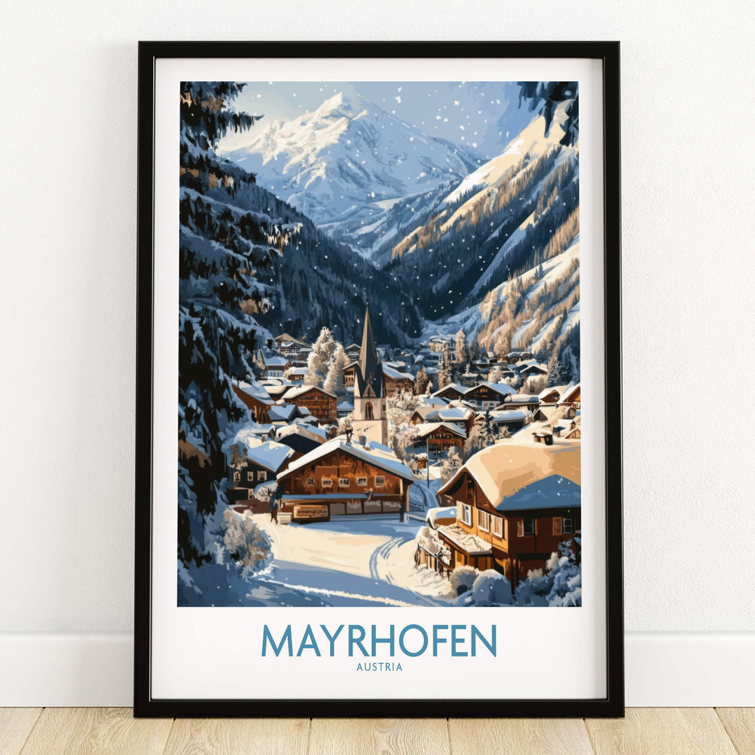 Mayrhofen Ski Wall Art Poster showcasing a snowy village in the Austrian Alps, perfect for winter decor.