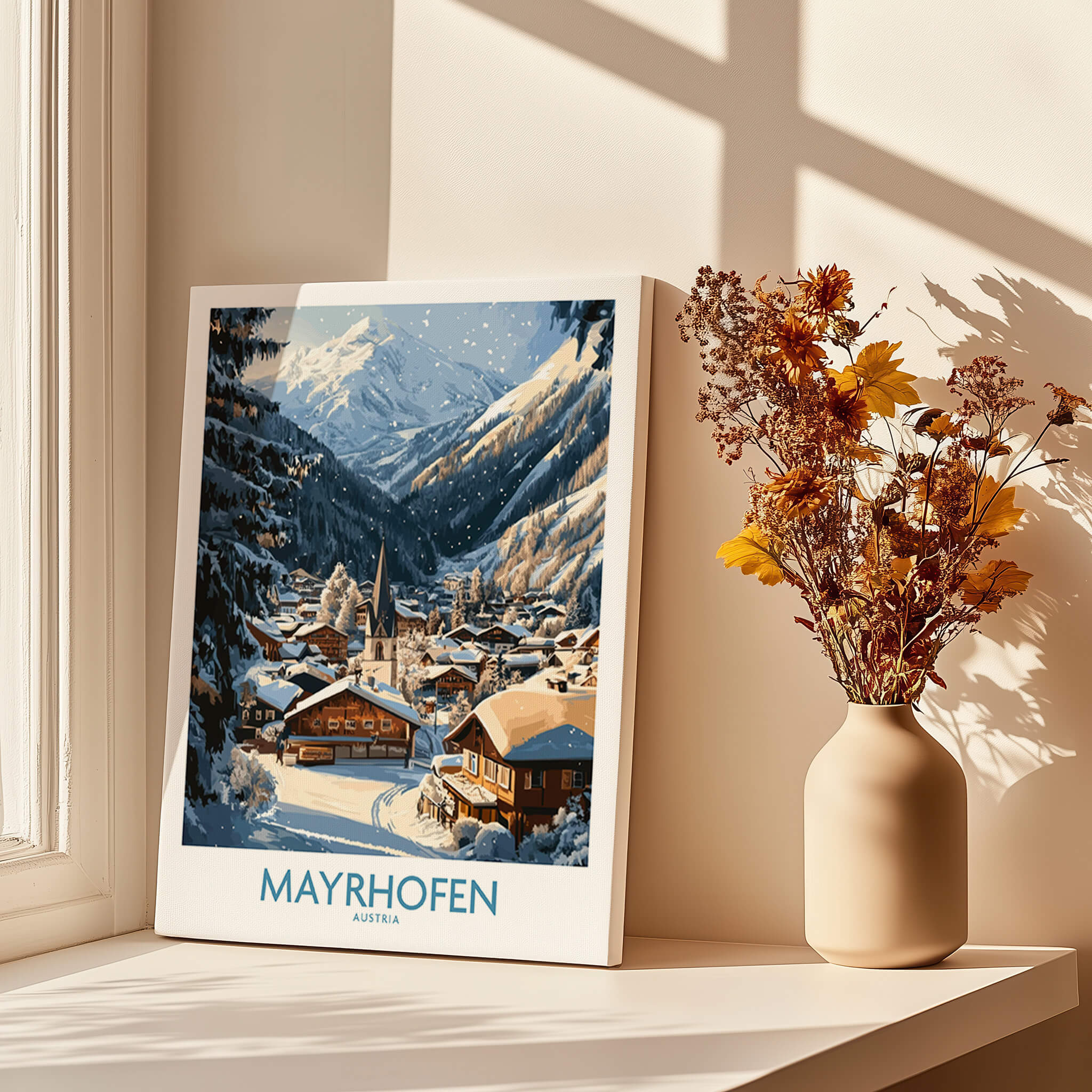 Mayrhofen Ski Wall Art Poster showcasing a picturesque winter landscape of Mayrhofen, Austria.