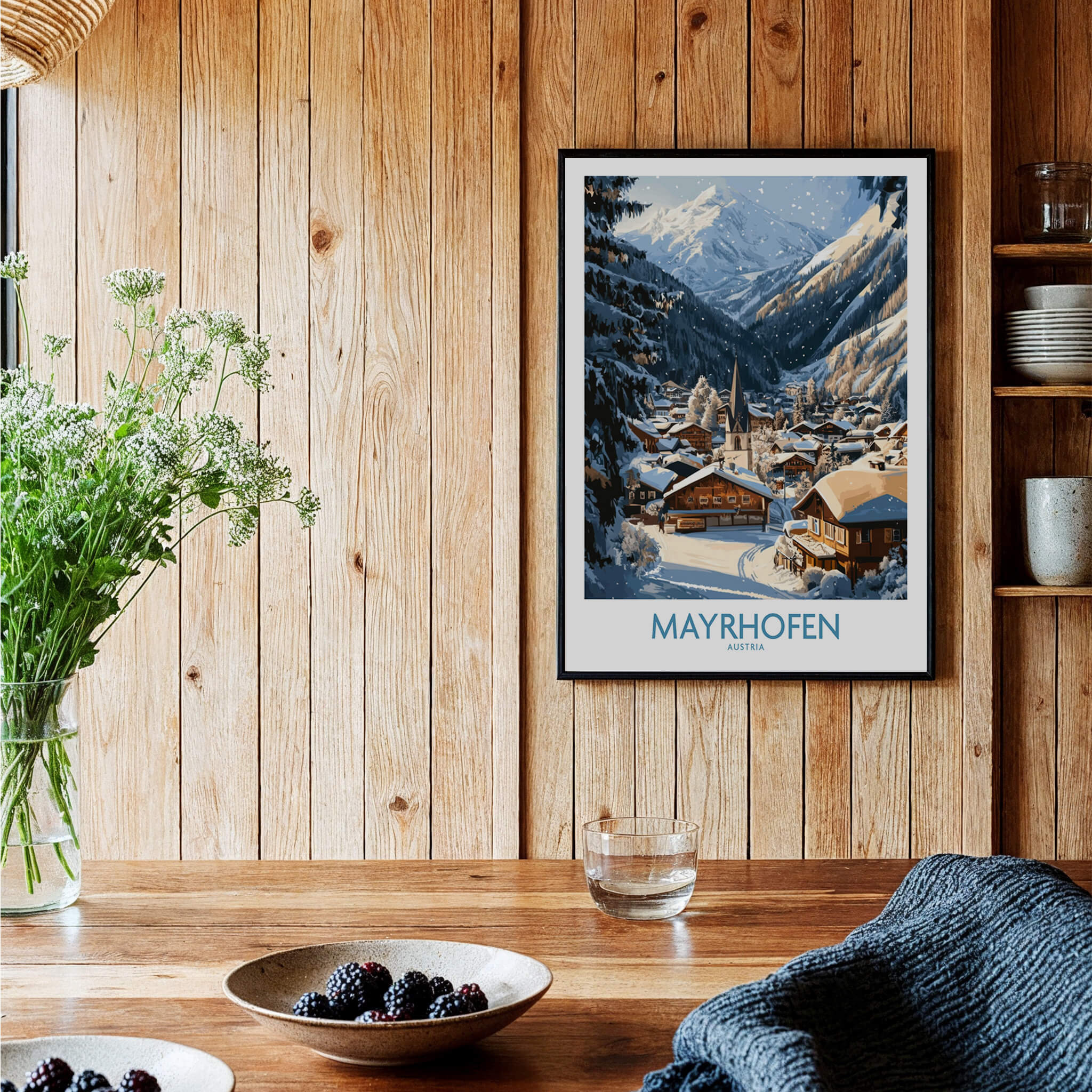 Mayrhofen Ski Wall Art Poster displayed in a cozy setting with winter scenery and rustic decor.