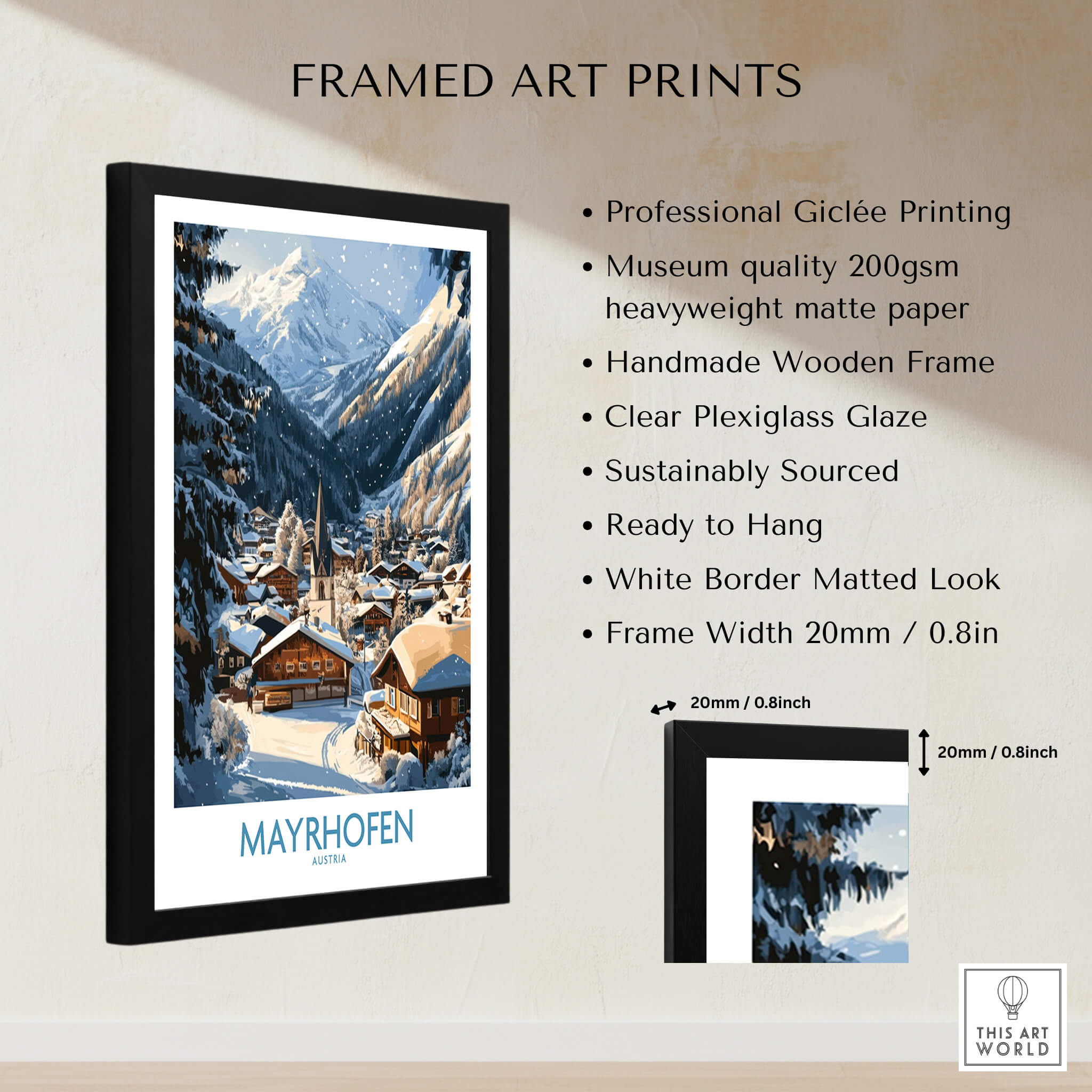 Mayrhofen Ski Wall Art Poster framed print showcasing ski landscapes in the Austrian Alps, ready to hang.