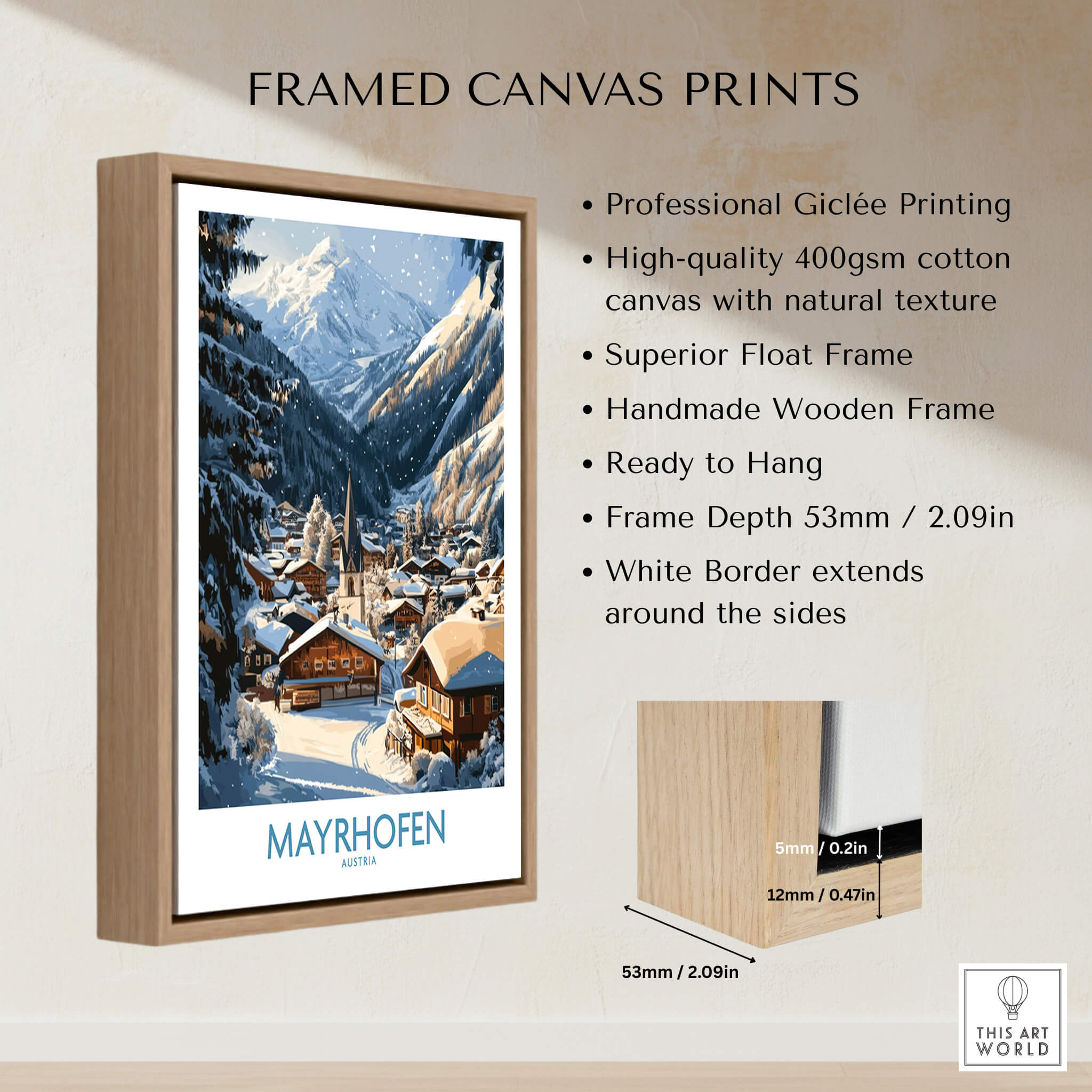 Mayrhofen Ski Wall Art Poster framed canvas print showcasing beautiful alpine scenery.