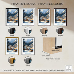 Framed Mayrhofen Ski Wall Art Poster options in various colors including Black, White, Natural, Brown, Gold, and Silver.