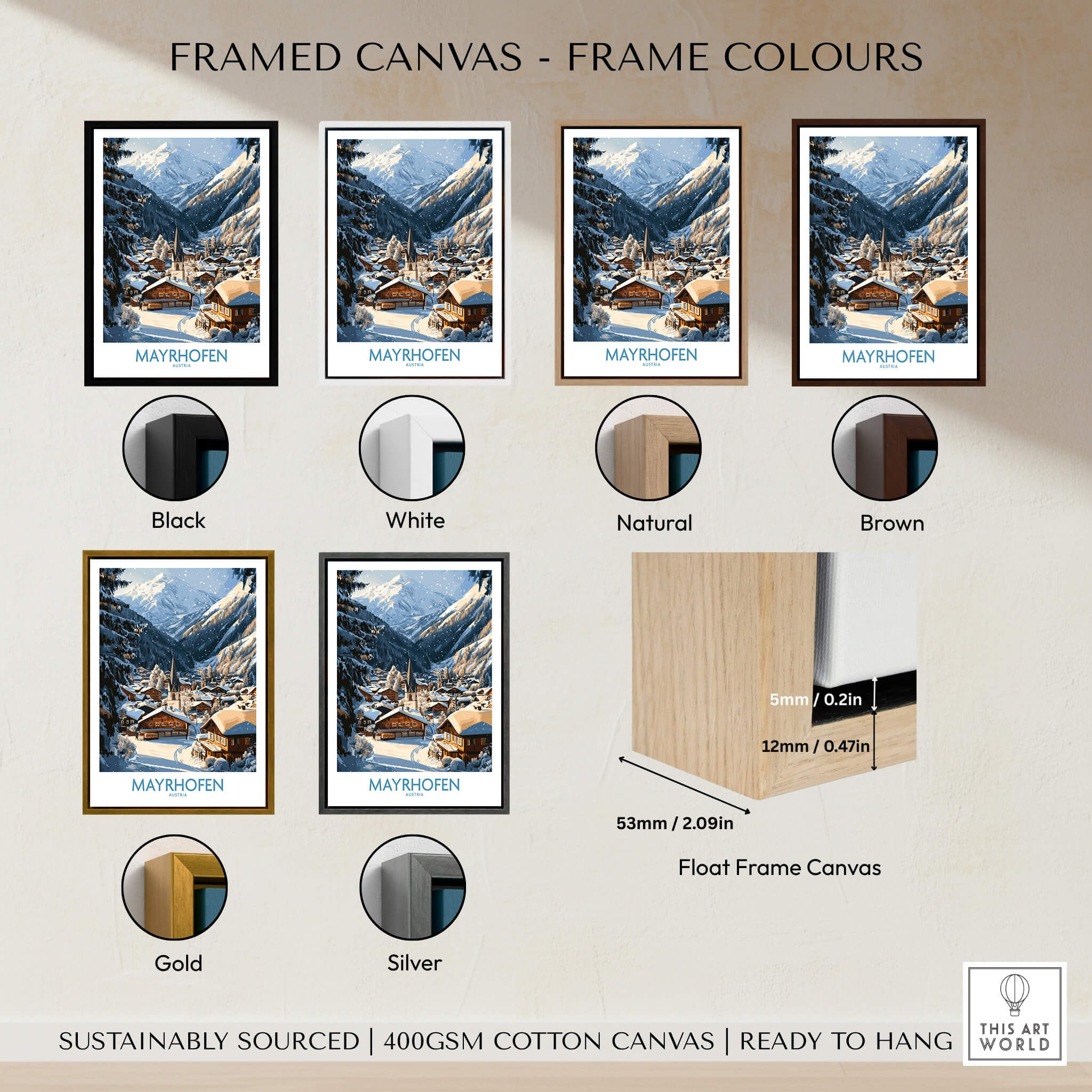 Framed Mayrhofen Ski Wall Art Poster options in various colors including Black, White, Natural, Brown, Gold, and Silver.