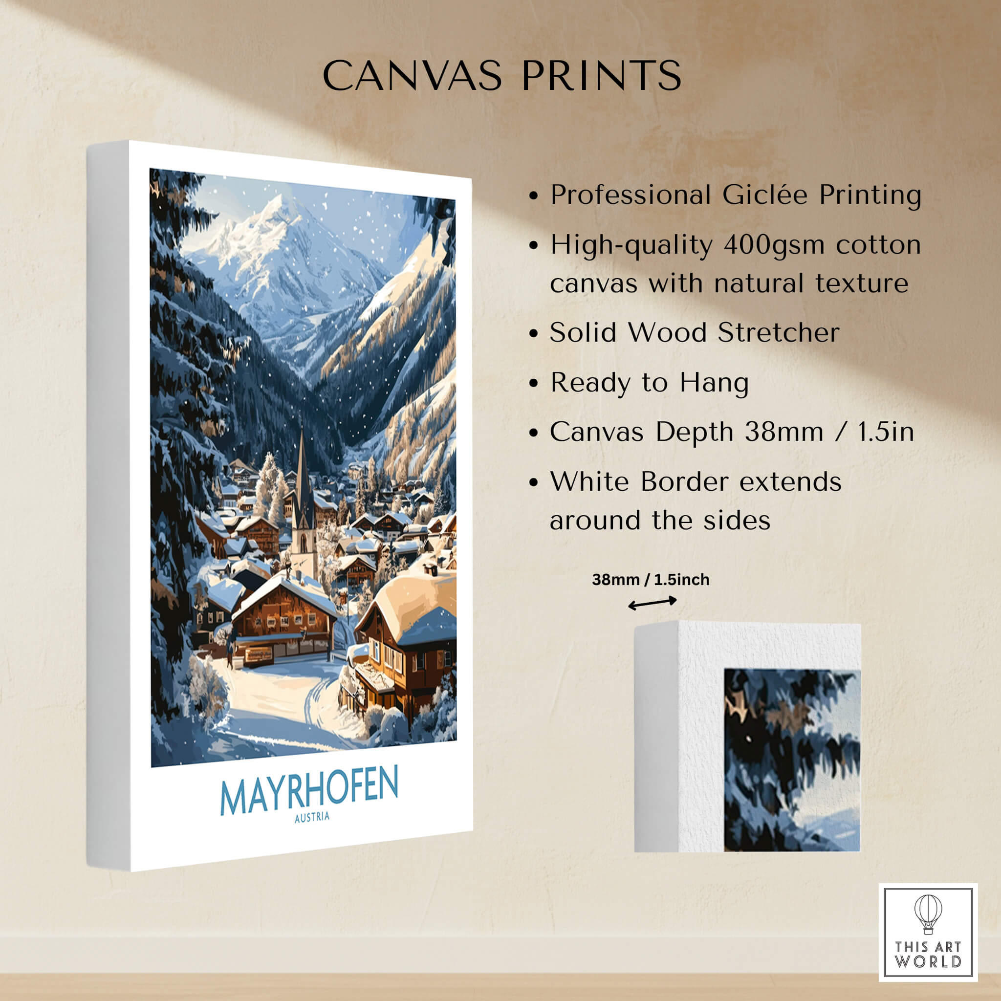 Mayrhofen Ski Wall Art Poster showcasing stunning winter landscape and traditional alpine chalet.