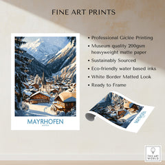 Mayrhofen Ski Wall Art Poster showcasing a snowy mountain village in the Austrian Alps, perfect for winter decor.
