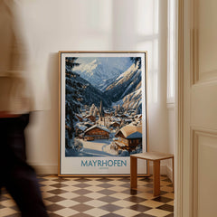 Mayrhofen Ski Wall Art Poster displayed in a cozy room, showcasing the beauty of skiing in the Austrian Alps.