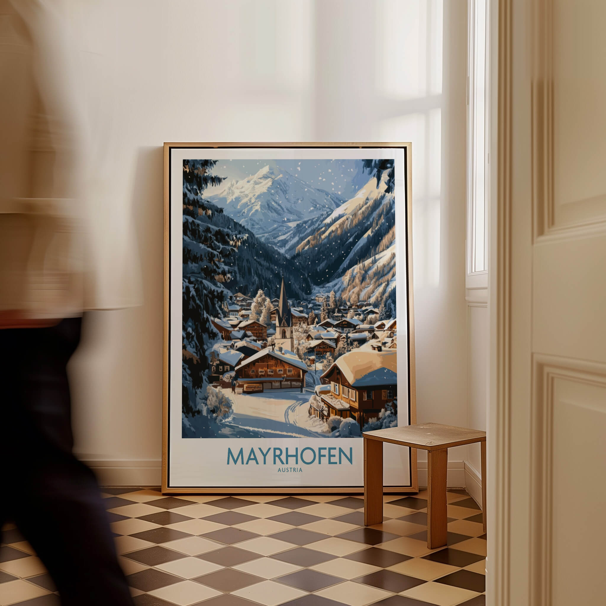 Mayrhofen Ski Wall Art Poster displayed in a cozy room, showcasing the beauty of skiing in the Austrian Alps.