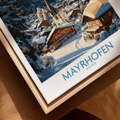 Mayrhofen Ski Wall Art Poster featuring a winter scene in Austria with snow-covered houses.