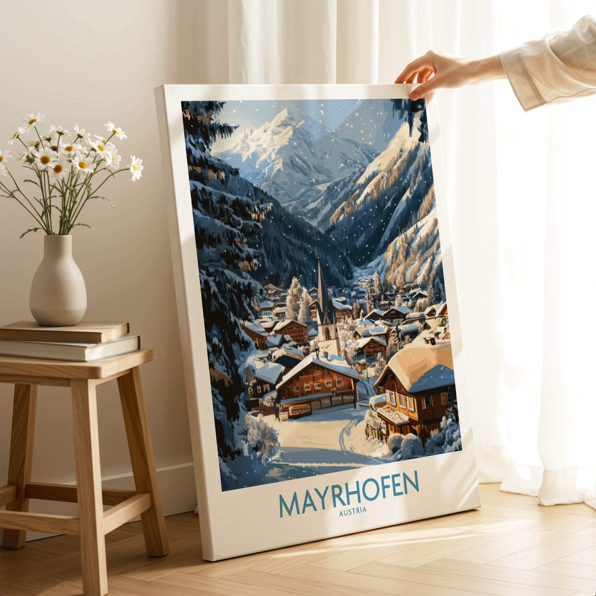 Mayrhofen Ski Wall Art Poster showcasing a picturesque winter scene in Austria.
