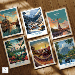 Mayrhofen Ski Wall Art Poster among travel posters of Venice, Paris, Barcelona, Singapore, and Sri Lanka.