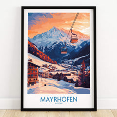 Ski Poster Mayrhofen Austria showcasing a stunning sunset over the Alps and ski lifts in the picturesque town of Mayrhofen.