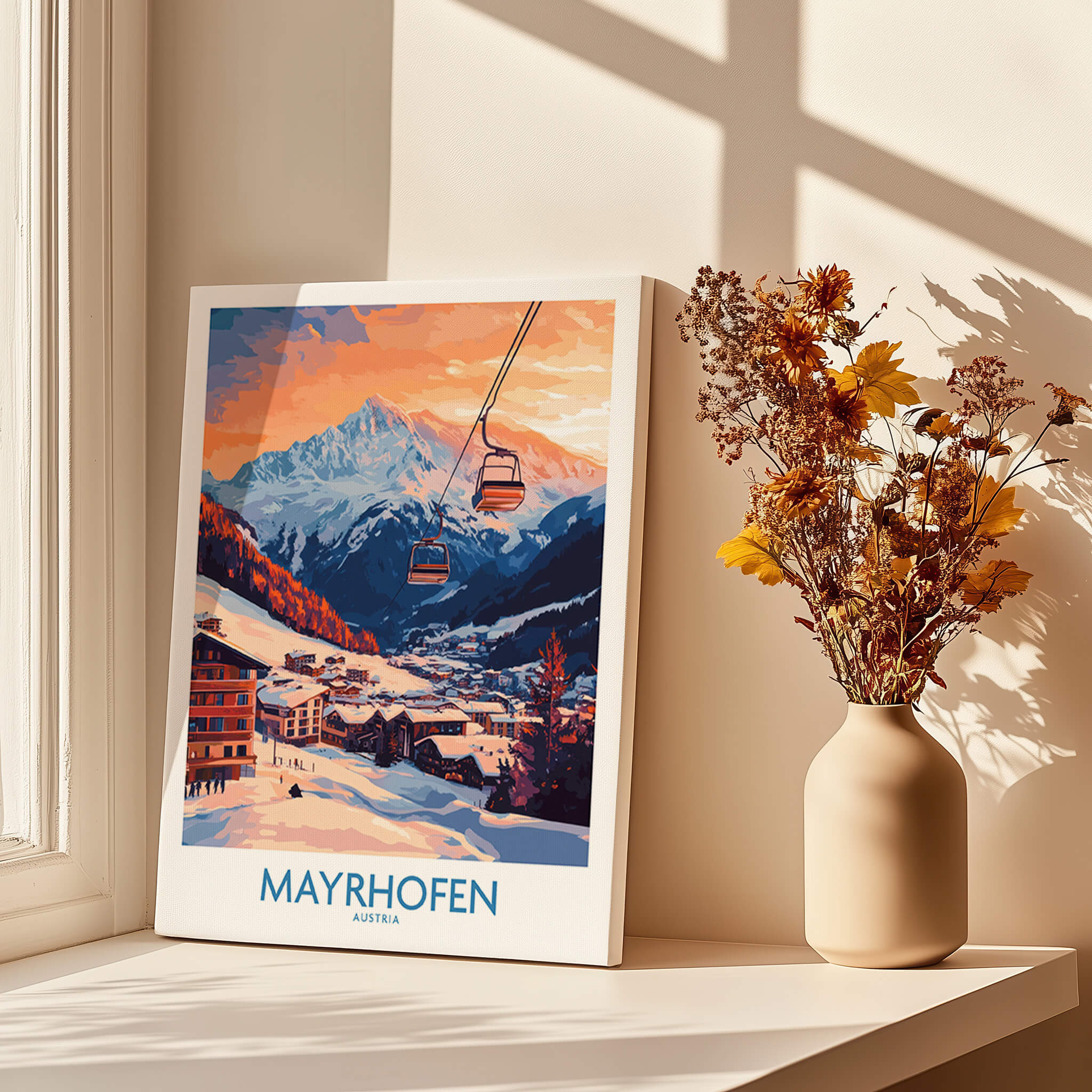 Ski Poster Mayrhofen Austria showcasing a beautiful landscape of Mayrhofen at sunset with ski gondolas.