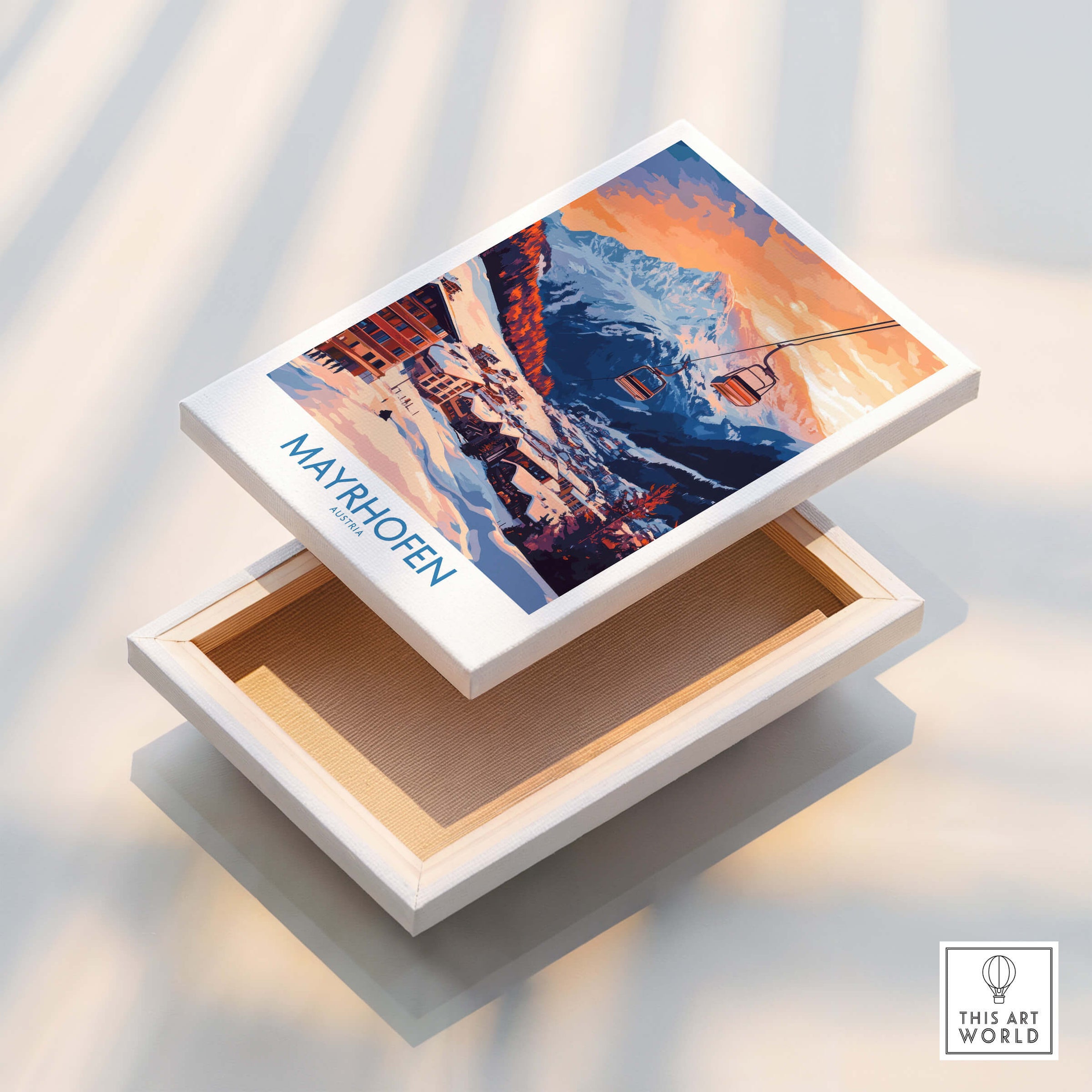 Ski Poster Mayrhofen Austria showcasing stunning mountain scenery and ski lifts, perfect for home decor.