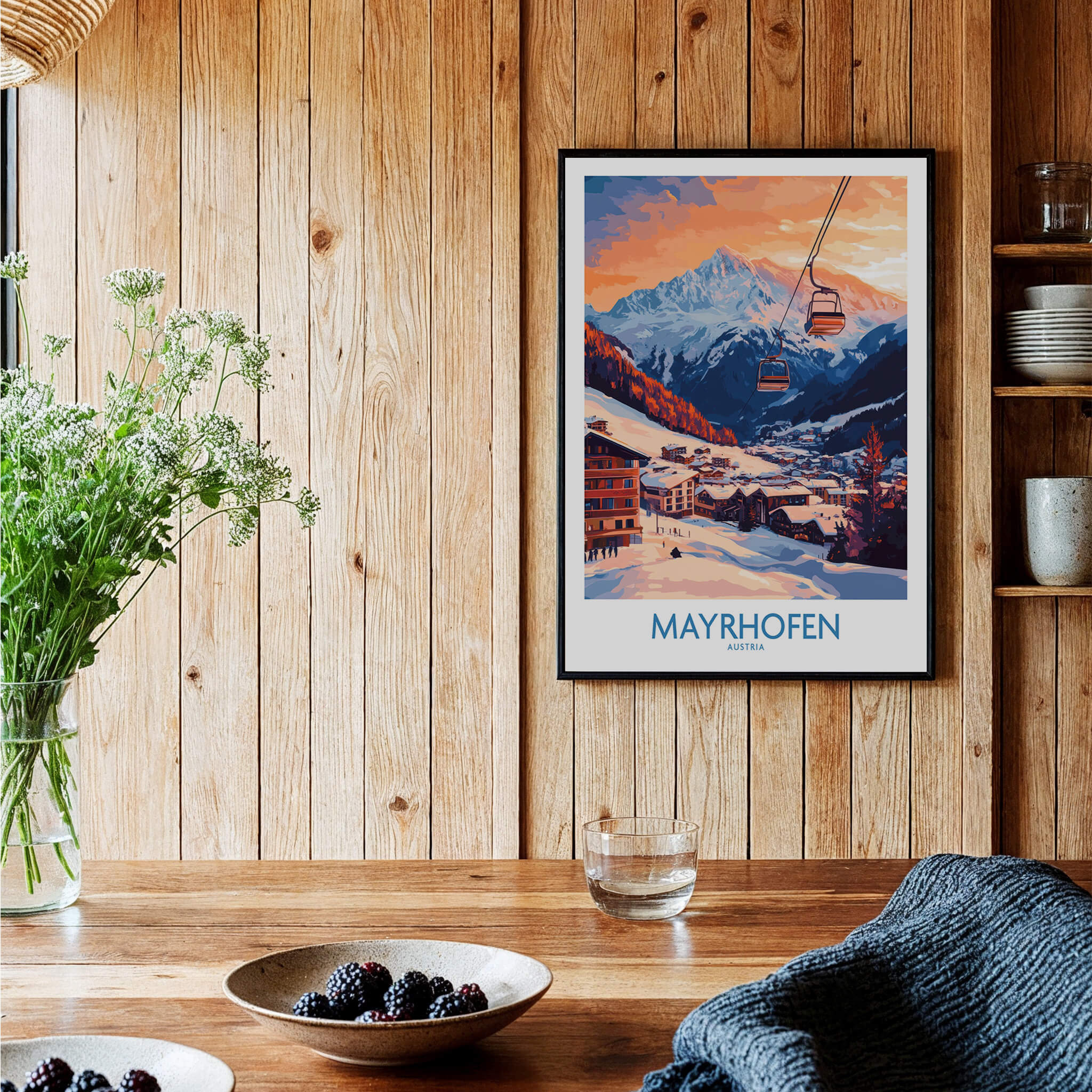 Ski Poster Mayrhofen Austria showcasing sunset over the Austrian Alps, perfect for ski enthusiasts.
