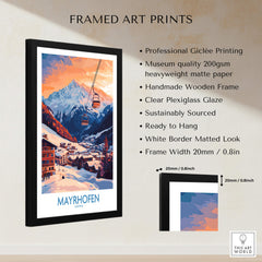 Ski Poster Mayrhofen Austria featuring a stunning sunset view of the Alps with a ski lift.