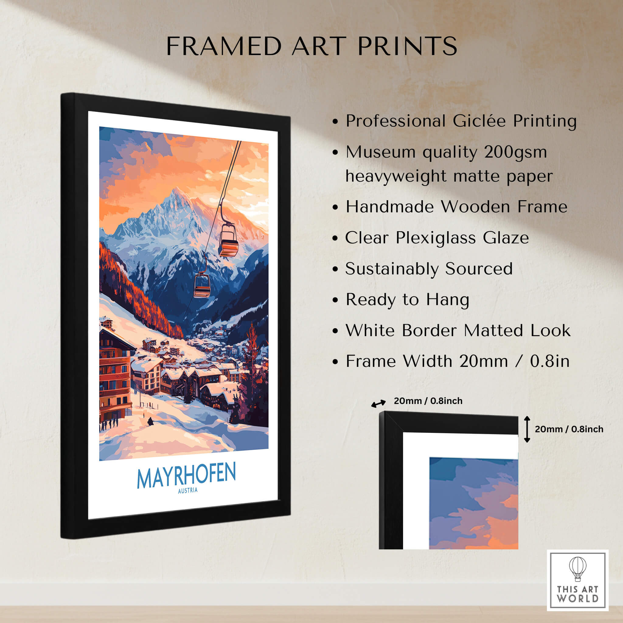Ski Poster Mayrhofen Austria featuring a stunning sunset view of the Alps with a ski lift.