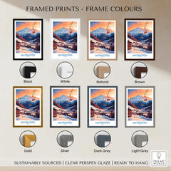Framed prints in various colors featuring Ski Poster Mayrhofen Austria for home decor.