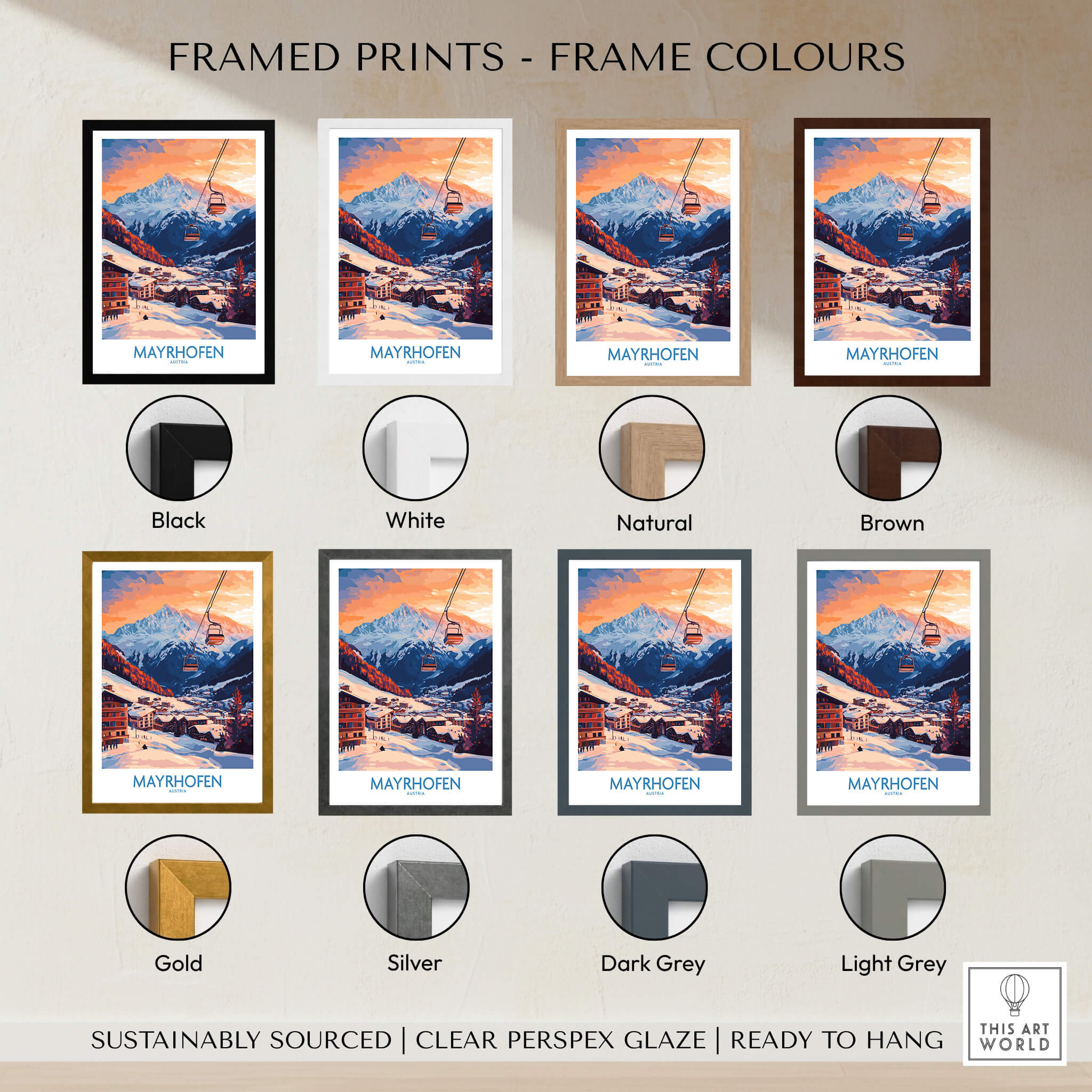 Framed prints in various colors featuring Ski Poster Mayrhofen Austria for home decor.