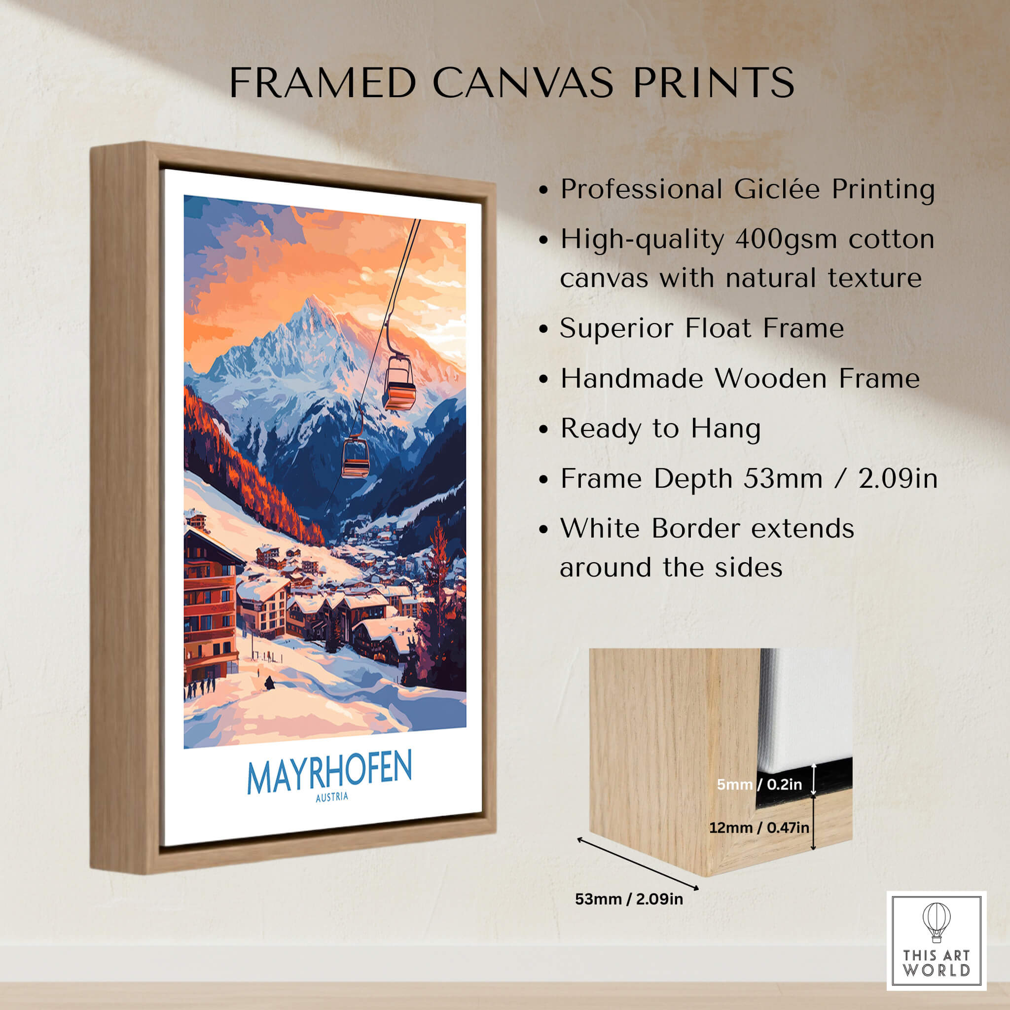 Ski Poster Mayrhofen Austria framed canvas print showcasing the stunning Austrian Alps and a ski lift.