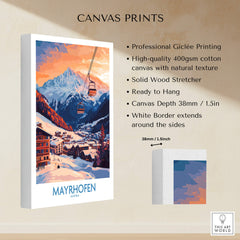 Ski Poster Mayrhofen Austria showcasing a colorful sunset over the Alps with a ski lift in the background.