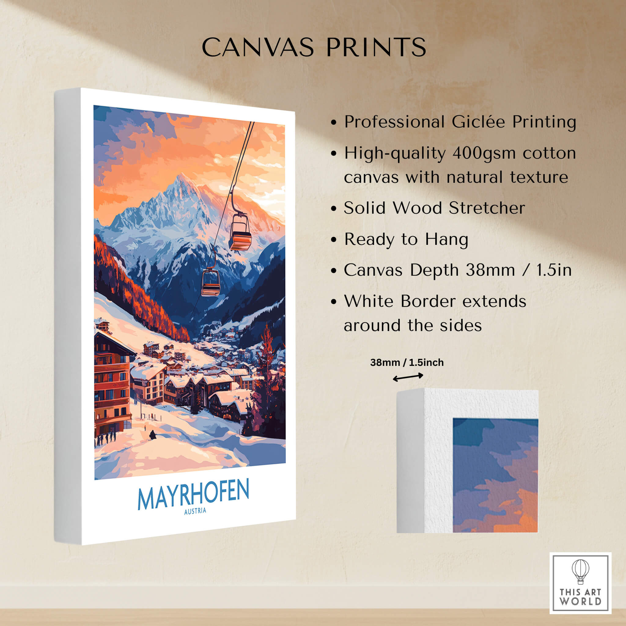 Ski Poster Mayrhofen Austria showcasing a colorful sunset over the Alps with a ski lift in the background.