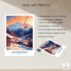 Ski Poster Mayrhofen Austria showcasing stunning sunset over the Alps with a ski lift in view.