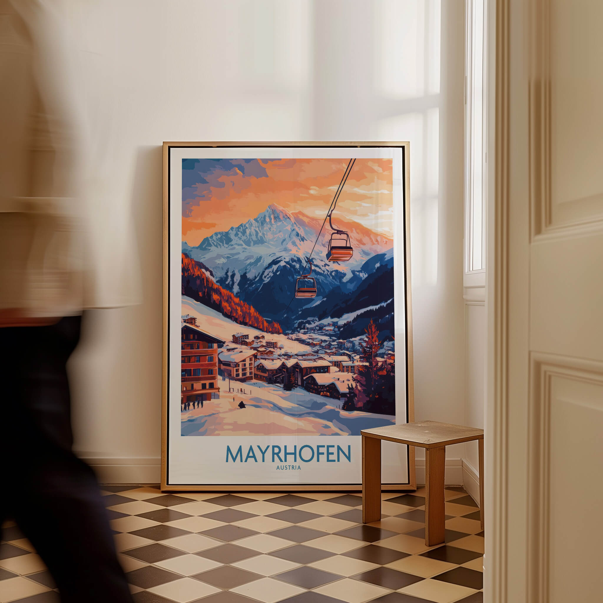 Ski Poster Mayrhofen Austria showcasing a sunset view of the slopes and mountains, perfect for ski enthusiasts.