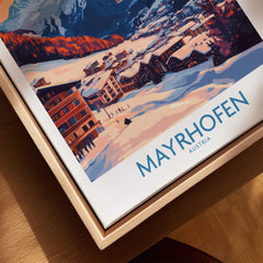 Ski Poster Mayrhofen Austria showcasing snowy slopes and mountains in a beautiful artistic style.